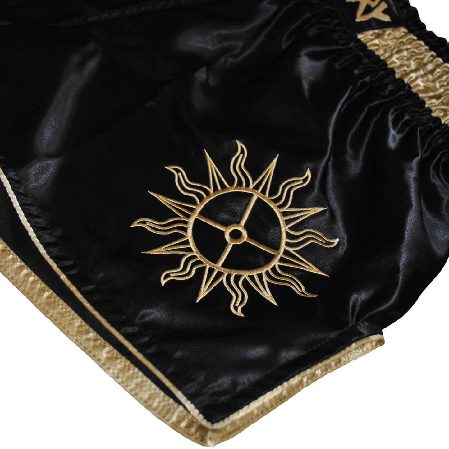 Golden WARCRY Muay Thai Shorts Sun wheel Sowilo Rune Poem Solar Worship Kickboxing MMA Martial Arts Thai Boxing Medieval Sun