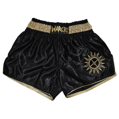 Golden WARCRY Muay Thai Shorts Sun wheel Sowilo Rune Poem Solar Worship Kickboxing MMA Martial Arts Thai Boxing Medieval Sun