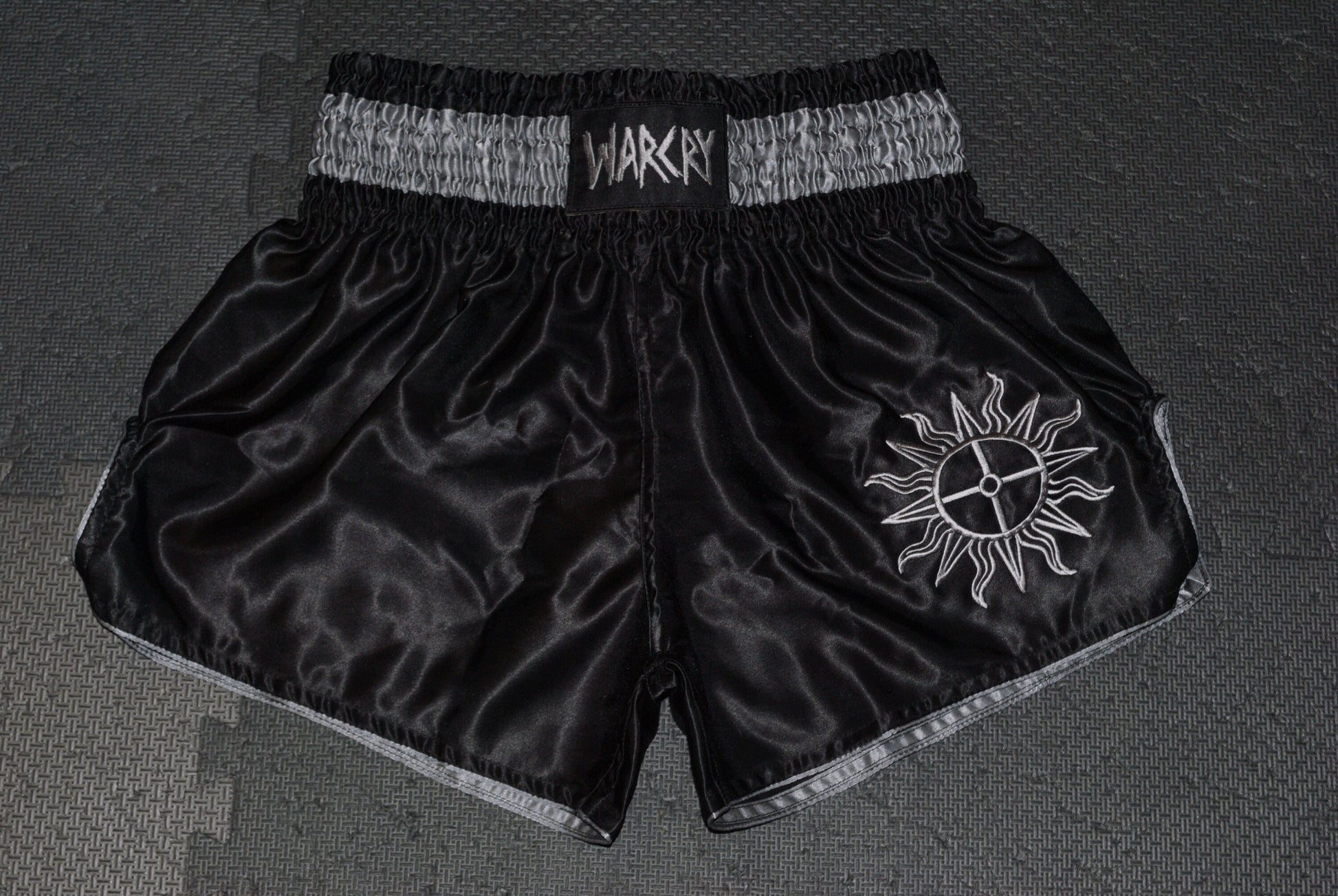 WARCRY Thai boxing shorts Charcoal Grey Sun wheel Rune Solar Worship MMA Martial Arts Thai Boxing Medieval Sun Kickboxing shorts