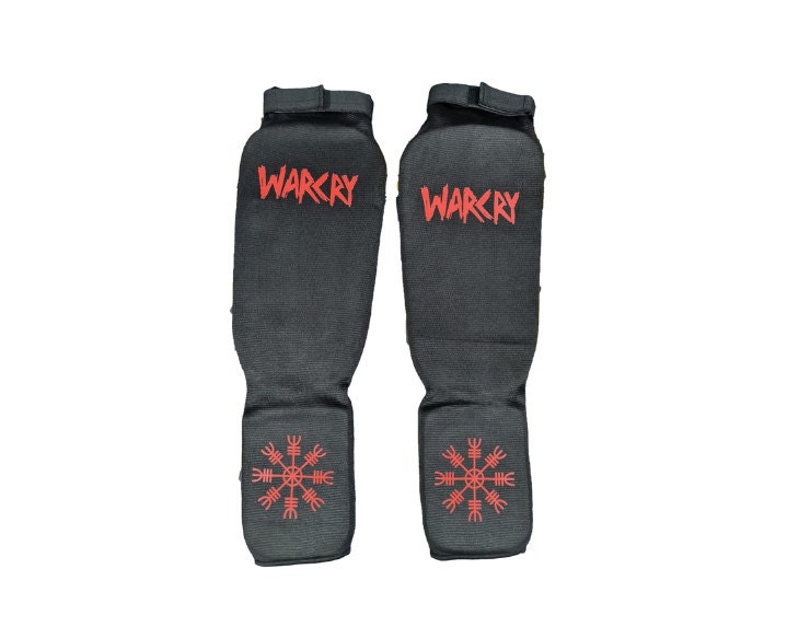 WARCRY Protective Fabric Shin Guards with Helm of Awe Symbol - Martial Arts Gear for Men and Women - Kickboxing and Muay Thai Striking